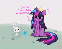 Size: 2048x1623 | Tagged: safe, artist:petaltwinkle, imported from derpibooru, angel bunny, twilight sparkle, alicorn, pony, rabbit, angel bunny is not amused, animal, crossed arms, crown, cute, duo, ear piercing, earring, female, floating heart, flower, gray background, heart, jewelry, male, mare, piercing, poison joke, regalia, signature, simple background, sitting, smiling, sparkles, text, twiabetes, twilight sparkle (alicorn), unamused