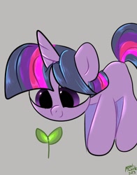 Size: 1074x1368 | Tagged: safe, artist:petaltwinkle, imported from derpibooru, twilight sparkle, pony, unicorn, blank flank, cute, female, filly, filly twilight sparkle, gray background, looking at something, plant, signature, simple background, smiling, solo, twiabetes, unicorn twilight, younger