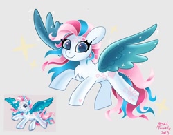 Size: 1368x1074 | Tagged: safe, artist:petaltwinkle, imported from derpibooru, star catcher, pegasus, pony, chest fluff, colored pupils, female, flying, g3, gray background, mare, signature, simple background, smiling, solo, spread wings, starry wings, wings