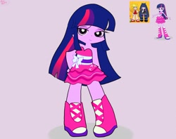 Size: 2048x1623 | Tagged: safe, artist:petaltwinkle, imported from derpibooru, twilight sparkle, human, equestria girls, anime, bare shoulders, boots, fall formal outfits, female, hand on hip, panty and stocking with garterbelt, purple background, shoes, simple background, sleeveless, solo, style emulation