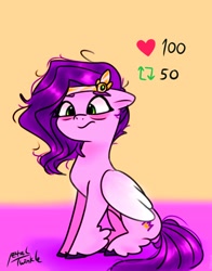 Size: 804x1024 | Tagged: safe, artist:petaltwinkle, imported from derpibooru, pipp petals, pegasus, pony, bags under eyes, concave belly, female, folded wings, g5, hoof fluff, mare, messy mane, orange background, signature, simple background, sitting, skinny pipp, slim, solo, thin, unshorn fetlocks, wings