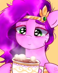 Size: 1623x2048 | Tagged: safe, artist:petaltwinkle, imported from derpibooru, pipp petals, pegasus, pony, bust, chocolate, drink, female, food, g5, hoof hold, hot chocolate, mare, mug, orange background, simple background, smiling, solo, teary eyes, tired eyes