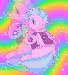 Size: 1440x1585 | Tagged: safe, artist:ariariari.png, imported from derpibooru, silverstream, hippogriff, clothes, female, jacket, looking at you, rainbow background, scene interpretation, smiling, solo, varsity jacket