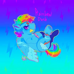 Size: 1440x1440 | Tagged: safe, artist:ariariari.png, imported from derpibooru, rainbow dash, pegasus, pony, bracelet, ear piercing, friendship bracelet, gradient background, grin, headband, jewelry, piercing, redesign, smiling, solo