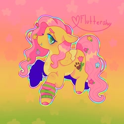 Size: 1440x1440 | Tagged: safe, artist:ariariari.png, imported from derpibooru, fluttershy, pegasus, pony, alternate cutie mark, clothes, fangs, flower, flower in hair, gradient background, leg warmers, redesign, solo