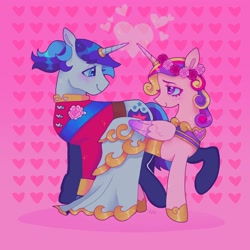 Size: 1440x1440 | Tagged: safe, artist:ariariari.png, imported from derpibooru, princess cadance, shining armor, alicorn, pony, unicorn, blushing, clothes, disguise, disguised changeling, dress, duo, female, heart, heart eyes, horn, horn ring, jewelry, looking at each other, looking at someone, male, ring, shiningcadance, shipping, straight, wedding dress, wedding ring, wedding suit, wingding eyes
