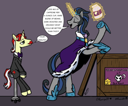 Size: 1305x1084 | Tagged: safe, artist:razzy, imported from derpibooru, flam, king sombra, pony, unicorn, clothes, coffee, couple, crack shipping, duo, facial hair, flambra, gay, gay couple, good king sombra, height difference, jewelry, magic, magic aura, male, mirror universe, moustache, regalia, shipping, silly, stallion, talking