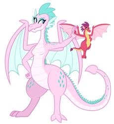 Size: 1280x1391 | Tagged: safe, artist:aleximusprime, imported from derpibooru, oc, oc only, oc:barb the dragon, oc:queen chara, dragon, flurry heart's story, breasts, dragon oc, dragoness, duo, duo female, female, flying, high five, lizard breasts, looking at each other, looking at someone, mother and child, mother and daughter, mother's day, non-pony oc, simple background, size difference, spike's family, spike's mother, spike's sister, spikes, spread wings, transparent background, wide hips, wings