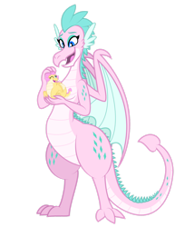 Size: 1280x1657 | Tagged: safe, artist:aleximusprime, imported from derpibooru, oc, oc only, oc:buttercream the dragon, oc:queen chara, dragon, flurry heart's story, breasts, dragon oc, dragoness, duo, duo female, fat, female, holding a dragon, in goliath's palm, lizard breasts, looking at each other, looking at someone, mother and child, mother and daughter, mother's day, non-pony oc, one eye closed, open mouth, simple background, size difference, spike's family, spike's mother, spike's sister, spikes, transparent background, wide hips