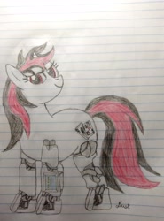 Size: 2416x3264 | Tagged: safe, artist:dust, derpibooru exclusive, imported from derpibooru, oc, oc:blackjack, cyborg, pony, unicorn, fallout equestria, fallout equestria: project horizons, colored, colored pencil drawing, cyber eyes, cyber legs, fanfic art, female, horn, lined paper, pencil drawing, small horn, smiling, solo, traditional art