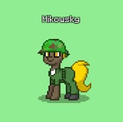 Size: 828x823 | Tagged: safe, imported from derpibooru, oc, oc only, oc:mikowsky, earth pony, pony, pony town, camofluage helmet, clothes, earth pony oc, green background, helmet, simple background, solo, vietnam war