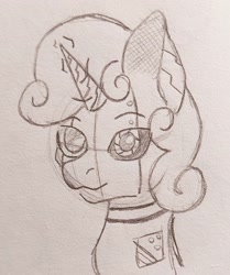 Size: 1440x1721 | Tagged: safe, artist:chacarron, imported from derpibooru, sweetie belle, pony, robot, robot pony, unicorn, bust, monochrome, sketch, solo, sweetie bot, traditional art