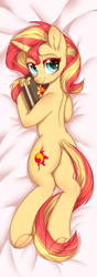 Size: 1700x4818 | Tagged: safe, artist:wkirin, imported from derpibooru, sunset shimmer, pony, unicorn, body pillow, book, bunset shimmer, butt, cute, female, frog (hoof), high res, mare, plot, shimmerbetes, smiling, solo, sunset's journal, underhoof