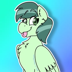 Size: 1080x1080 | Tagged: safe, artist:faunaflight, imported from derpibooru, oc, oc only, oc:feather flight, pegasus, pony, :p, chest fluff, ear fluff, female, fluffy, freckles, gradient background, green eyes, mare, sitting, solo, tongue out