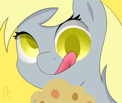 Size: 1280x1080 | Tagged: safe, artist:reinbou, imported from derpibooru, derpy hooves, pegasus, pony, colored pupils, food, licking, licking lips, muffin, simple background, solo, tongue out