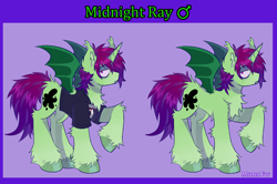 Size: 3080x2050 | Tagged: safe, artist:mxmx fw, imported from derpibooru, oc, oc:midnight ray, bat pony, bat pony unicorn, hybrid, pony, unicorn, bat pony oc, bat wings, chest fluff, clothes, ear fluff, emo, eyeliner, fangs, hair over one eye, hoof fluff, horn, makeup, male, ponysona, raised hoof, reference, reference sheet, shirt, simple background, solo, stallion, standing, two toned mane, unicorn oc, unshorn fetlocks, wings