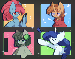 Size: 2400x1900 | Tagged: safe, artist:miryelis, imported from derpibooru, oc, oc only, oc:rainven wep, earth pony, pegasus, pony, unicorn, clothes, headphones, long hair, raised hoof, simple background, smiling