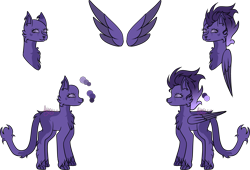 Size: 4891x3332 | Tagged: safe, artist:thecommandermiky, imported from derpibooru, oc, oc only, oc:miky command, cat, hybrid, pegasus, chest fluff, female, hybrid oc, mare, paws, pegasus oc, purple eyes, purple hair, purple mane, reference sheet, simple background, transparent background, wings