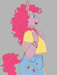 Size: 609x797 | Tagged: safe, artist:superduperath, imported from derpibooru, pinkie pie, anthro, earth pony, clothes, denim, female, gray background, happy, jeans, midriff, open mouth, open smile, pants, shirt, simple background, smiling, solo