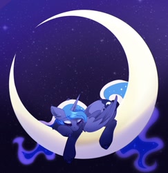 Size: 1534x1580 | Tagged: safe, artist:cinnamontee, imported from derpibooru, princess luna, alicorn, pony, crescent moon, eyes closed, female, folded wings, horn, mare, moon, night, night sky, sky, sleeping, sleeping on moon, solo, stars, tangible heavenly object, transparent moon, wings