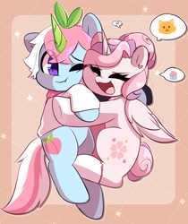 Size: 2845x3386 | Tagged: safe, artist:sakukitty, imported from derpibooru, oc, oc only, oc:saku, alicorn, pony, alicorn oc, cute, duo, eyes closed, female, folded wings, high res, horn, hug, mare, ocbetes, one eye closed, open mouth, smiling, thought bubble, wings