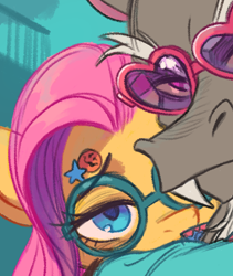 Size: 397x471 | Tagged: safe, artist:fanzeem, imported from derpibooru, discord, fluttershy, draconequus, pegasus, pony, cropped, duo, duo male and female, female, glasses, heart shaped glasses, looking at you, male, mare, preview, round glasses, selfie