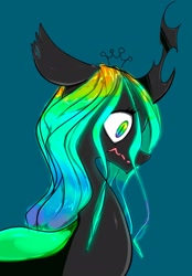 Size: 1426x2048 | Tagged: safe, artist:noupu, imported from derpibooru, queen chrysalis, changeling, changeling queen, blue background, bust, female, profile, simple background, solo