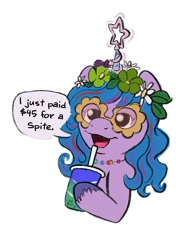 Size: 1075x1389 | Tagged: safe, artist:amynewblue, imported from derpibooru, izzy moonbow, pony, unicorn, dialogue, drink, female, floral head wreath, flower, g5, glasses, hoof hold, mare, misspelling, novelty glasses, open mouth, open smile, simple background, smiling, soda, solo, speech bubble, white background