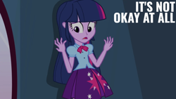 Size: 1920x1080 | Tagged: safe, edit, edited screencap, editor:quoterific, imported from derpibooru, screencap, twilight sparkle, human, equestria girls, equestria girls (movie), concerned, female, hand, mirror, open mouth, sad, solo, worried