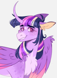 Size: 720x988 | Tagged: safe, artist:wanderingpegasus, imported from derpibooru, twilight sparkle, alicorn, pony, bust, chest fluff, curved horn, gray background, horn, portrait, simple background, smiling, solo, twilight sparkle (alicorn), twitterina design