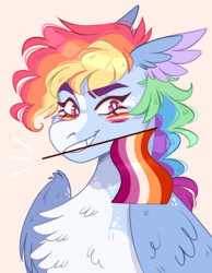 Size: 1068x1373 | Tagged: safe, artist:wanderingpegasus, imported from derpibooru, rainbow dash, pegasus, pony, bust, chest fluff, face paint, flag, headcanon, lesbian pride flag, mouth hold, pink background, portrait, pride, pride flag, sexuality headcanon, simple background, smiling