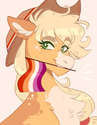 Size: 1068x1373 | Tagged: safe, artist:wanderingpegasus, imported from derpibooru, applejack, earth pony, pony, bust, chest fluff, face paint, flag, headcanon, lesbian pride flag, mouth hold, pink background, portrait, pride, pride flag, sexuality headcanon, simple background, smiling