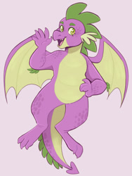 Size: 1008x1344 | Tagged: safe, artist:wanderingpegasus, imported from derpibooru, spike, dragon, male, open mouth, open smile, pink background, simple background, smiling, solo, waving, winged spike, wings