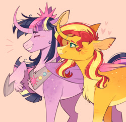 Size: 1280x1233 | Tagged: safe, artist:wanderingpegasus, imported from derpibooru, sunset shimmer, twilight sparkle, alicorn, pony, unicorn, chest fluff, curved horn, duo, female, heart, horn, lesbian, shipping, simple background, smiling, sunsetsparkle, twilight sparkle (alicorn), twitterina design