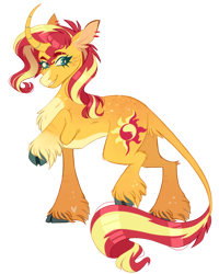 Size: 1640x2048 | Tagged: safe, artist:wanderingpegasus, imported from derpibooru, sunset shimmer, classical unicorn, pony, unicorn, chest fluff, cloven hooves, concave belly, curved horn, female, hoof fluff, horn, leonine tail, mare, pale belly, raised hoof, raised leg, simple background, smiling, solo, transparent background, twitterina design, unshorn fetlocks