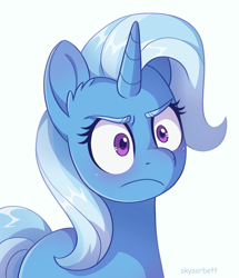Size: 1332x1546 | Tagged: safe, artist:skysorbett, derpibooru exclusive, imported from derpibooru, trixie, pony, unicorn, angry, blushing, colored eyebrows, female, g4, half body, mare, simple background, solo, white background, ಠ ಠ