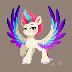 Size: 1521x1506 | Tagged: safe, artist:allisonpopick, imported from derpibooru, zipp storm, pegasus, pony, blushing, female, g5, lidded eyes, mare, raised hoof, simple background, smiling, solo, spread wings, wings