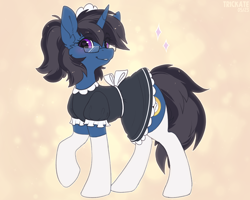 Size: 2500x2000 | Tagged: safe, alternate version, artist:trickate, imported from derpibooru, oc, oc only, oc:hbg, pony, unicorn, clothes, female, glasses, maid, mare, smiling, socks, solo, stockings, thigh highs, white socks