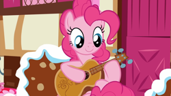 Size: 1920x1080 | Tagged: safe, imported from derpibooru, screencap, pinkie pie, earth pony, pony, honest apple, season 7, 1080p, cute, diapinkes, door, female, guitar, happy, mare, musical instrument, smiling, solo, sugarcube corner