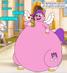 Size: 1841x2001 | Tagged: safe, artist:thebigroundguy, imported from derpibooru, pipp petals, pegasus, pony, adipipp, belly, big belly, bottom heavy, cellphone, dialogue, fat, fat fetish, fetish, floating heart, g5, heart, huge belly, open mouth, open smile, phone, smiling, solo, stretched cutie mark, text