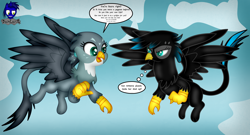 Size: 7680x4154 | Tagged: safe, artist:damlanil, imported from derpibooru, gabby, oc, oc:nightlight aura, griffon, pegasus, cloud, comic, commission, cute, duo, female, flying, gabbybetes, griffonized, happy, mare, show accurate, species swap, speech bubble, spread wings, text, vector, wings