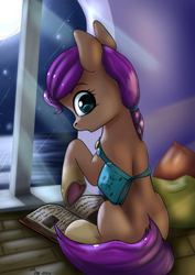 Size: 2480x3508 | Tagged: safe, artist:db, imported from derpibooru, sunny starscout, earth pony, pony, book, coat markings, colored underhoof, female, g5, indoors, looking at you, looking back, looking back at you, mare, moon, night, rear view, sitting, socks (coat markings), solo, window
