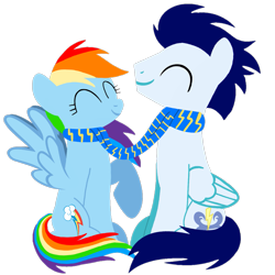 Size: 1099x1099 | Tagged: safe, artist:mlplary6, imported from derpibooru, rainbow dash, soarin', pegasus, pony, ^^, clothes, duo, eyes closed, female, love, male, mare, romantic, scarf, shared clothing, shared scarf, shipping, simple background, sitting, smiling, soarindash, stallion, straight, transparent background, vector