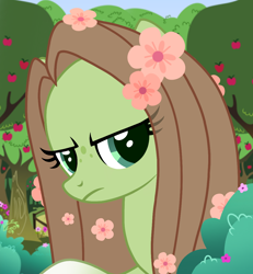 Size: 1080x1167 | Tagged: safe, artist:cstrawberrymilk, imported from derpibooru, oc, oc only, oc:lumi, pony, apple, apple tree, bust, female, flower, flower in hair, mare, portrait, solo, tree