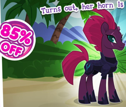 Size: 780x663 | Tagged: safe, edit, imported from derpibooru, fizzlepop berrytwist, tempest shadow, pony, unicorn, armor, broken horn, concave belly, cropped, dark comedy, discount, english, female, funny, gameloft, horn, mare, meme, my little pony: magic princess, numbers, sale, scar, slim, solo, text, thin, wow! glimmer
