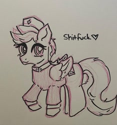 Size: 1080x1154 | Tagged: safe, artist:drchlonk, imported from derpibooru, pegasus, pony, clothes, female, folded wings, forced meme, hat, heart, mare, monochrome, pencil drawing, raised hoof, shitfuck meme, simple background, solo, swift reply, traditional art, uniform, vulgar, wings