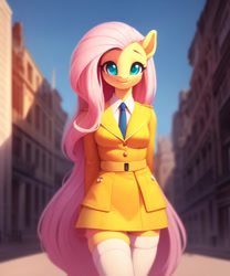 Size: 1024x1228 | Tagged: safe, editor:nightluna, imported from derpibooru, fluttershy, anthro, ai content, ai generated, arm behind back, belt, breasts, building, clothes, female, generator:purplesmart.ai, generator:stable diffusion, looking at you, necktie, outdoors, prompter:nightluna, skindentation, sky, smiling, smiling at you, solo, standing, stockings, thigh highs, uniform, zettai ryouiki