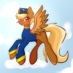 Size: 1000x1000 | Tagged: safe, artist:im__miquo, imported from derpibooru, pegasus, pony, blonde, clothes, cloud, female, flying, hat, mare, red eyes, shiny eyes, signature, sky background, solo, spread wings, swift reply, tongue out, uniform, wings