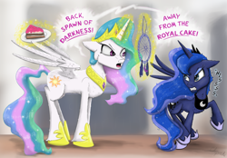 Size: 4100x2849 | Tagged: safe, artist:chopsticks, imported from derpibooru, princess celestia, princess luna, alicorn, pony, angry, cake, cakelestia, cheek fluff, chest fluff, concave belly, crown, dialogue, dreamcatcher, duo, duo female, ethereal mane, ethereal tail, female, floppy ears, food, glowing, glowing horn, gritted teeth, height difference, hissing, hoof shoes, horn, jewelry, jumping, looking at each other, looking at someone, magic, mare, peytral, plate, princess shoes, raised hoof, regalia, royal sisters, sibling rivalry, siblings, sisters, spread wings, tail, teeth, telekinesis, text, that pony sure does love cakes, threatening, unshorn fetlocks, wings, yelling