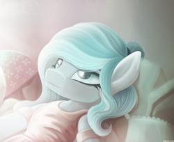 Size: 2700x2200 | Tagged: safe, artist:andaluce, imported from derpibooru, oc, oc only, oc:haze northfleet, pony, bed, bedroom, clothes, dress, female, lying down, lying on bed, mare, not snowdrop, on bed, pillow, solo